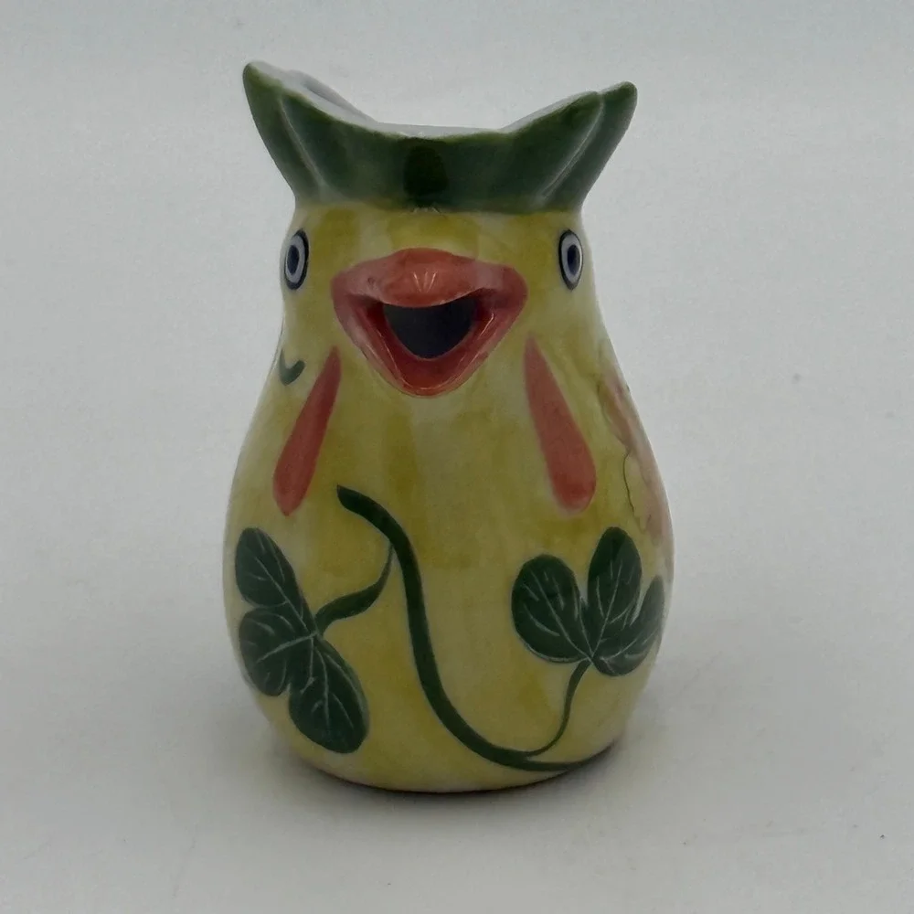 Vtg Ceramic Chicken Creamer Pitcher Yellow Floral Hand Painted Farmhouse 3.5